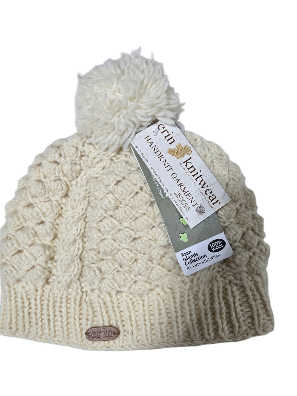 Ireland Wool Cream Cable Knit Pom Pom Lined Beanie Handknit One Size Women